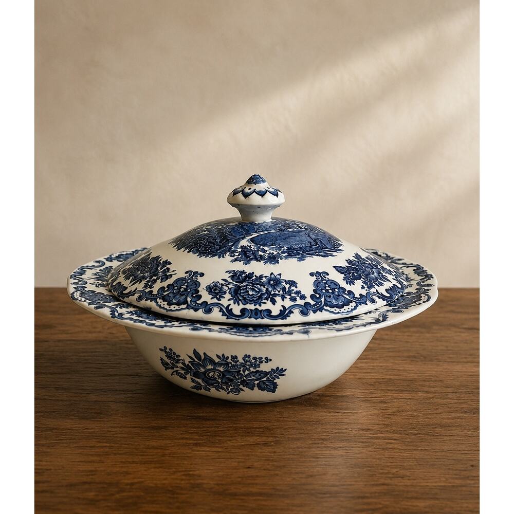 Vintage Enoch Wedgwood Royal Homes Britain Covered Vegetable Bowl Blue White - Picture 5 of 15